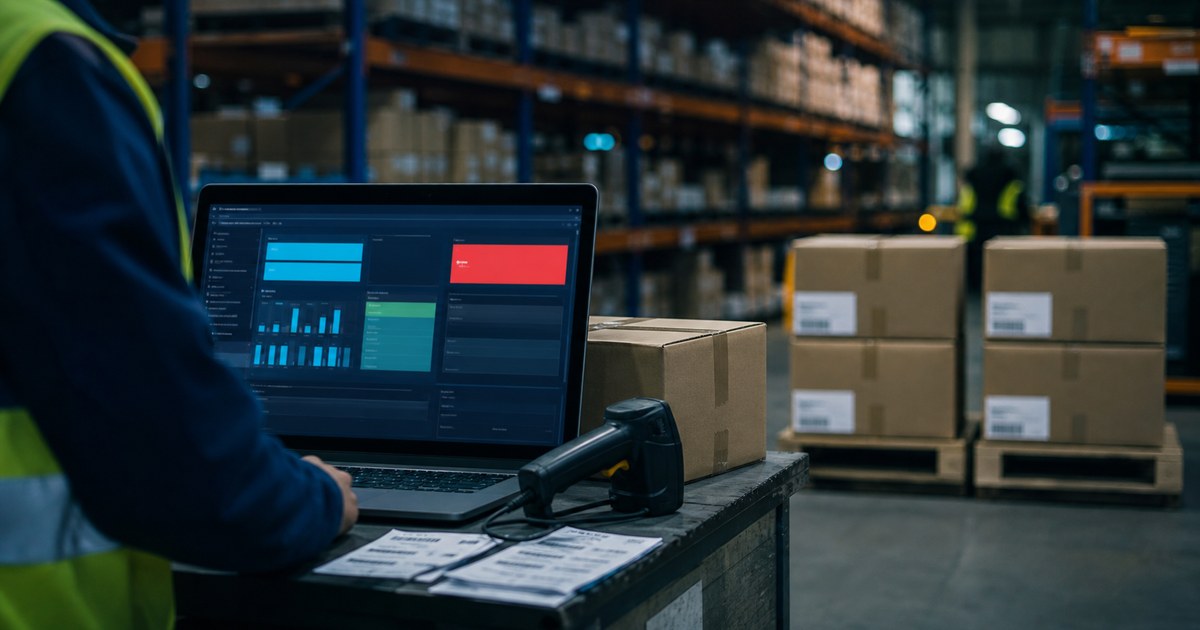 Warehouse workstation with barcode scanner, stacked cartons and an exception dashboard showing post go-live ERP process drift.