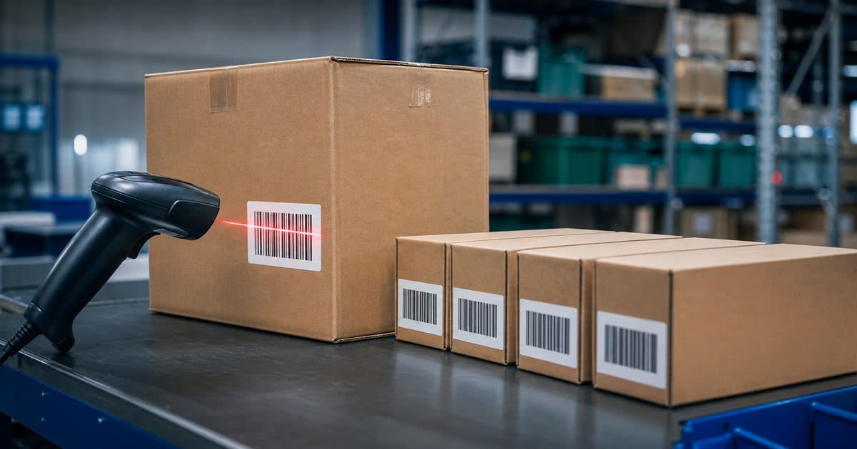 Handheld barcode scanner aimed at an outer carton while smaller inner boxes with similar barcode labels sit beside it on a warehouse bench.