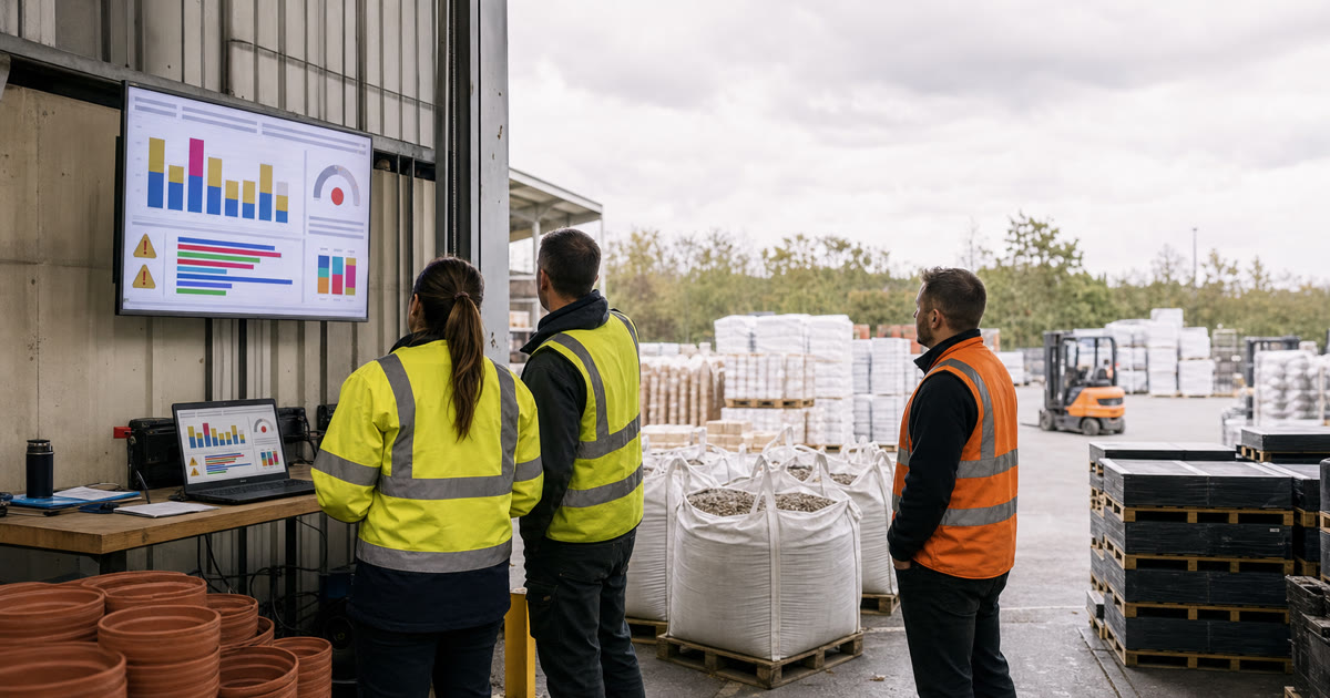 Warehouse and yard staff reviewing an operations performance dashboard beside aggregate bags, pallets and plant pots.