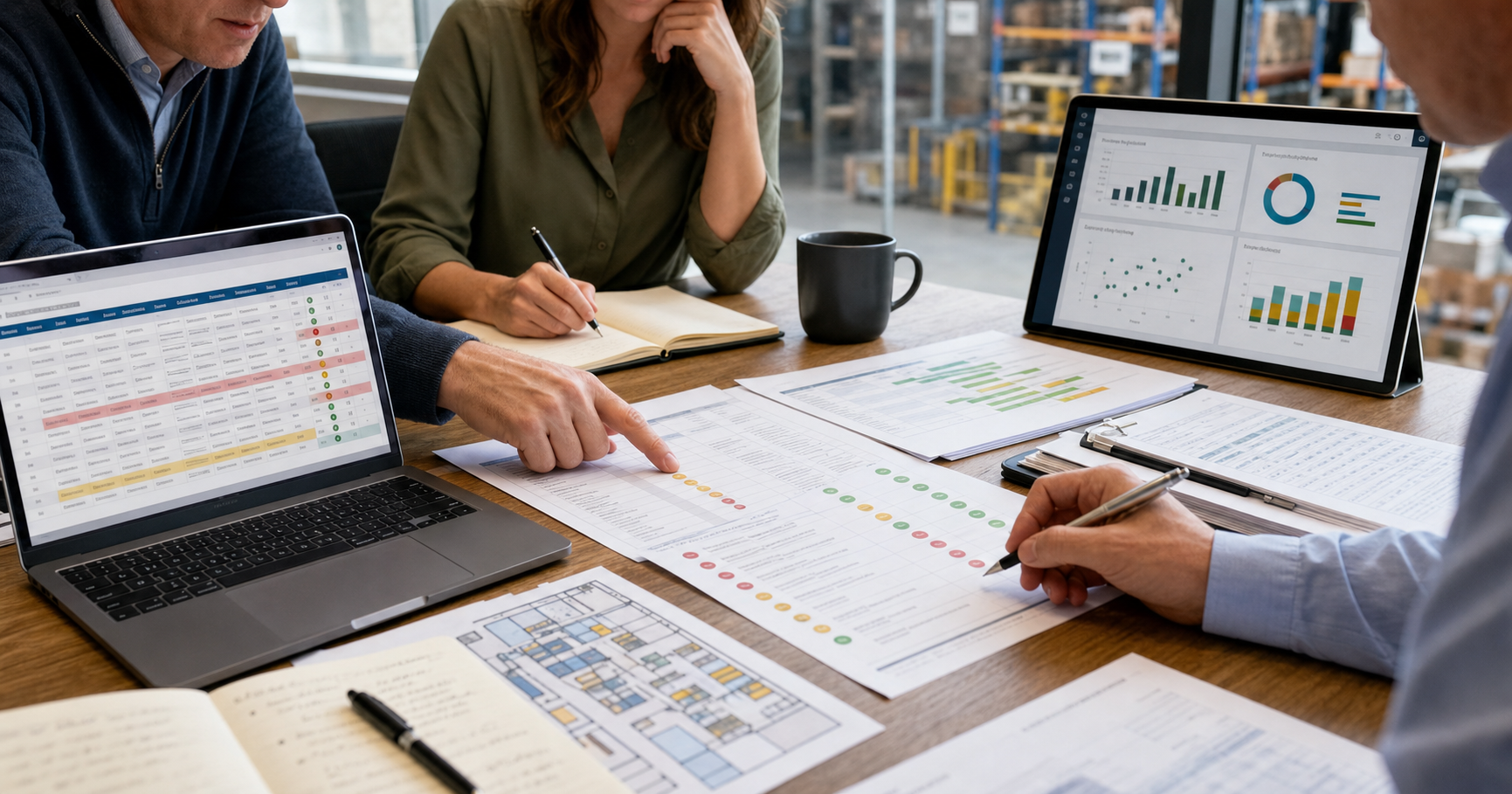 Finance and operations team reviewing a data quality audit checklist beside ERP data tables, validation marks and Power BI reporting notes.