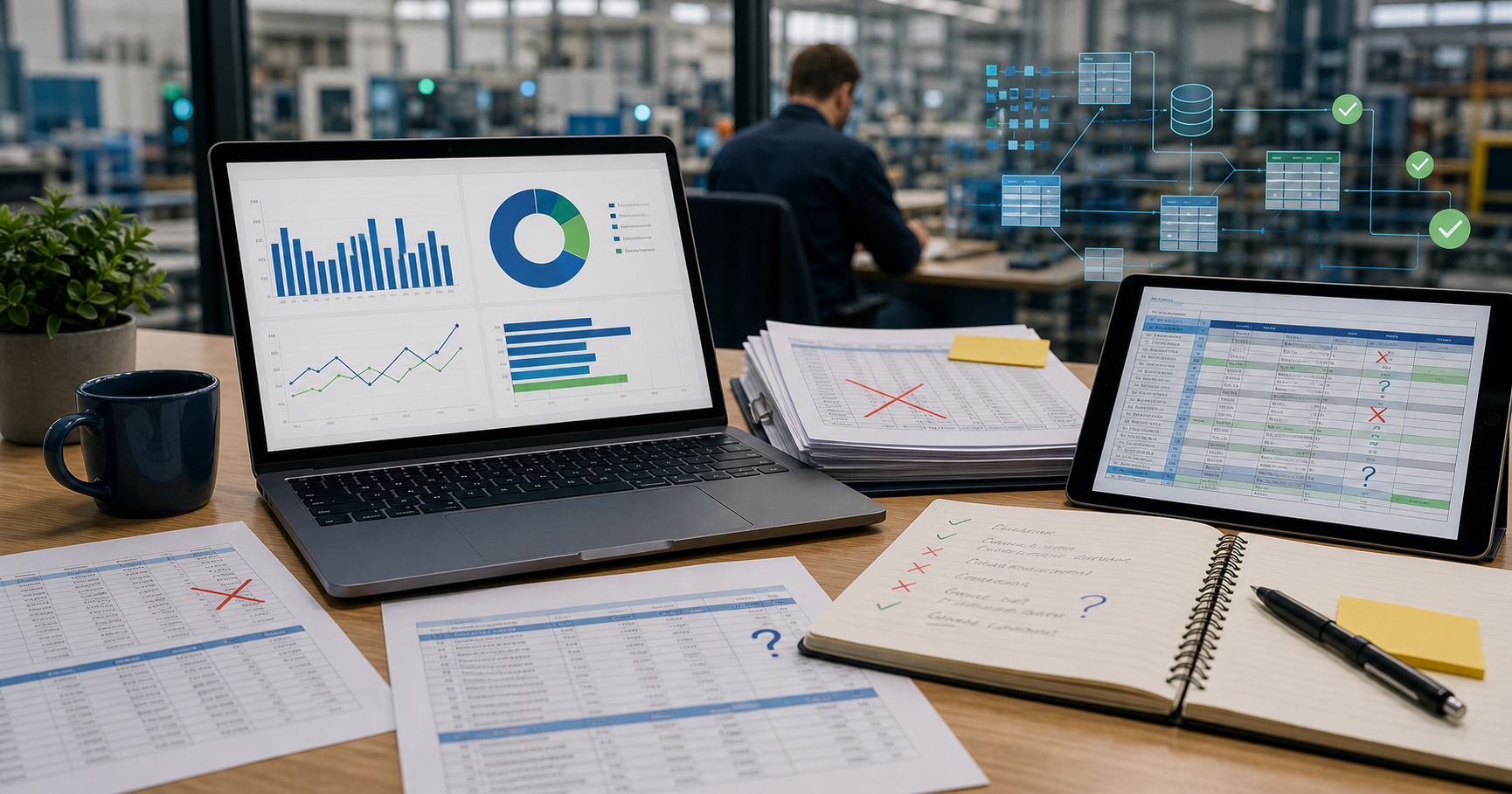 Manufacturing operations desk with a Power BI-style dashboard, ERP data tables, exception marks and source-data reconciliation notes.